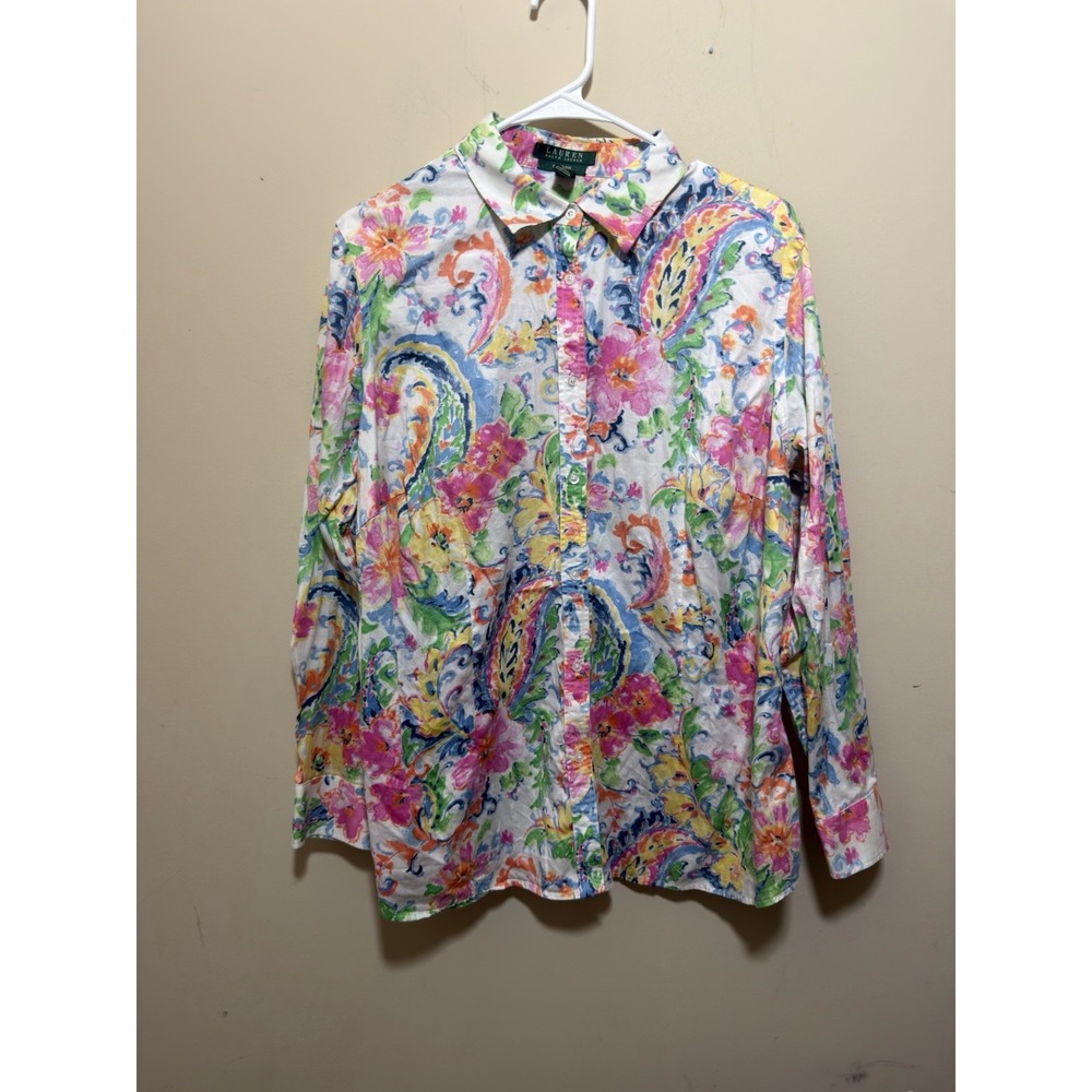 Lauren Ralph Lauren Shirt Womens 16W Slim Fit Multi Floral Watercolor Cotton